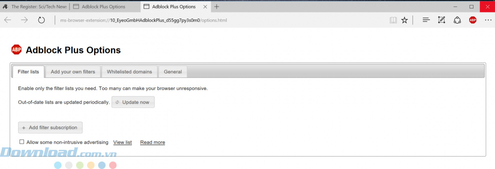 Các tùy chọn của Adblock Plus cho Edge