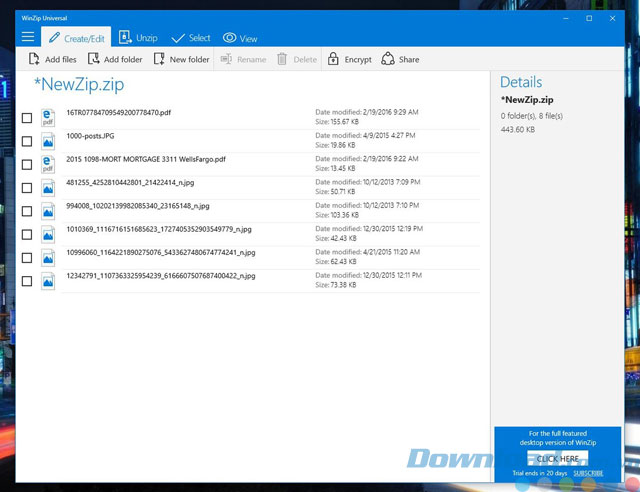 Giao diện ứng dụng WinZip Universal