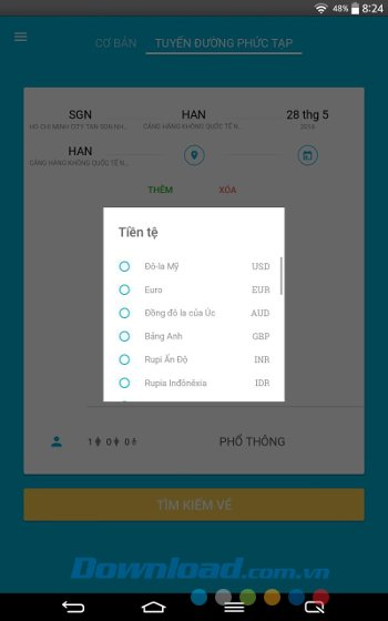 Lựa chọn tiền tệ trên Jetradar 
