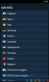 Các giải đấu trong Goal Live Scores cho Windows Phone