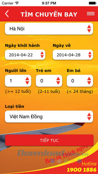 Giao diện tìm chuyến bay