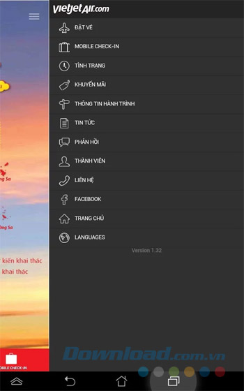 Danh mục chính của ứng dụng VietJet Air