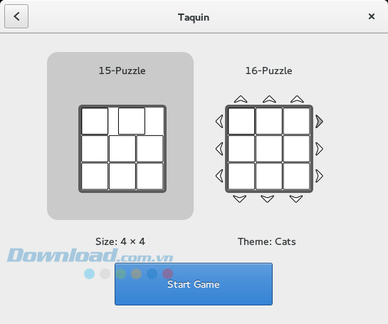 Lựa chọn kiểu chơi trong game GNOME Taquin Lựa chọn kiểu chơi trong game GNOME Taquin