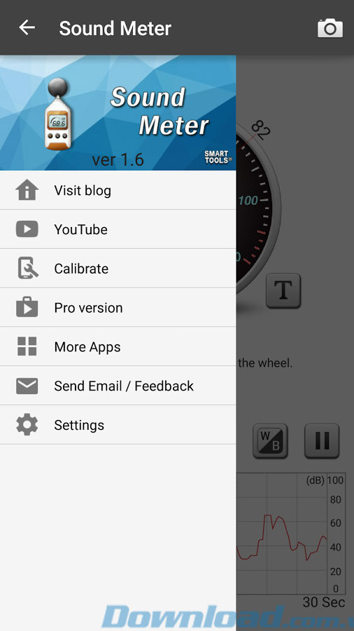 Menu của ứng dụng Sound Meter 