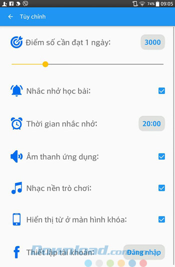 Cài đặt thời gian nhắc nhở, âm thanh