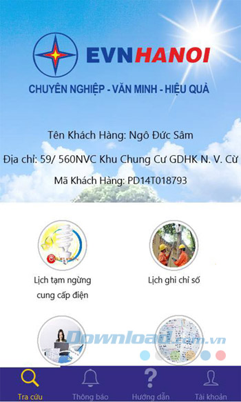 Giao diện chính của EVNHanoi CSKH