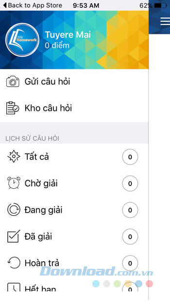 Menu chính của myHomework