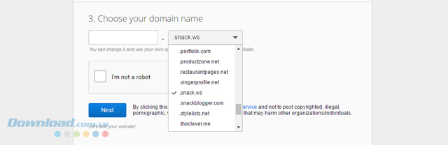 Lựa chọn tên miền khi dùng phần mềm thiết kế web SnackWebsites