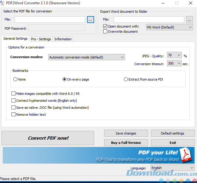 Giao diện phần mềm PDF2Word Converter