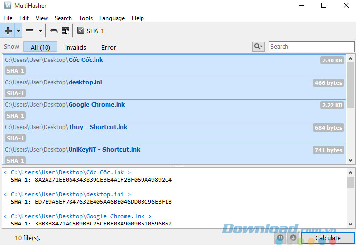 Danh sách file và mã hash