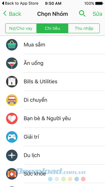 Chọn nhóm chi tiêu