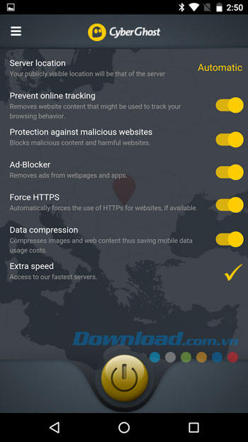 Giao diện sử dụng ứng dụng CyberGhost trên Android Giao diện sử dụng ứng dụng CyberGhost trên Android