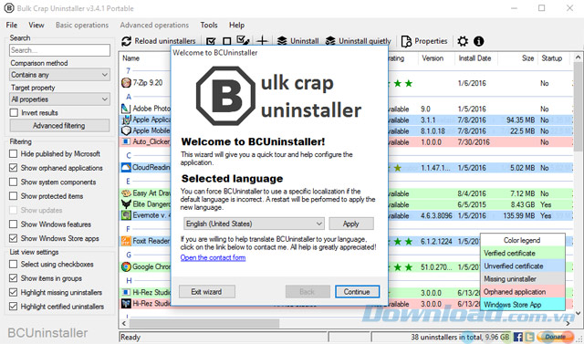 Lựa chọn ngôn ngữ khi bắt đầu sử dụng phần mềm gỡ bỏ ứng dụng Bulk Crap Uninstaller