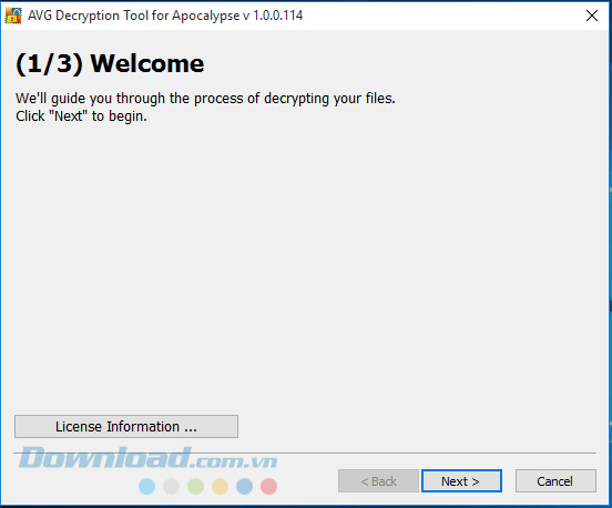 Giao diện chào mừng lúc mới sử dụng phần mềm khôi phục AVG Decryption Tool For Apocalypse