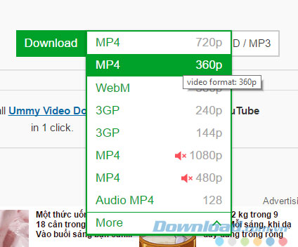 SaveFrom mang tới nhiều lựa chọn chất lượng video hoặc audio cho file tải về