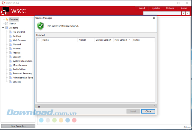 Giao diện chính của phần mềm quản lý tiện ích Windows System Control Center