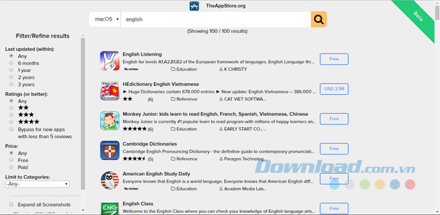 Sử dụng tính năng tìm kiếm theo giá bán, đánh giá, ngày phát hành của ứng dụng web The App Store Sử dụng tính năng tìm kiếm theo giá bán, đánh giá, ngày phát hành của ứng dụng web The App Store