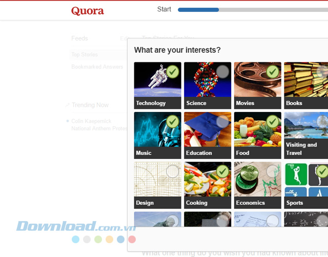 Lựa chọn lĩnh vực ưa thích trong ứng dụng web Quora để học hỏi theo ý muốn
