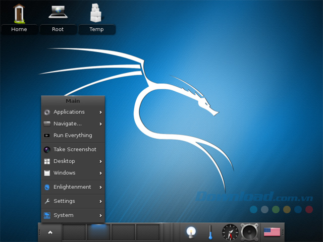 Giao diện chính trông gọn gàng và bắt mắt của hệ điều hành Kali Linux