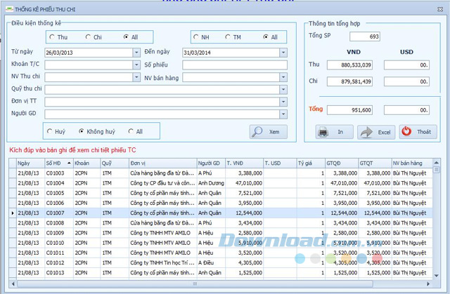 Thống kê phiếu thu chi