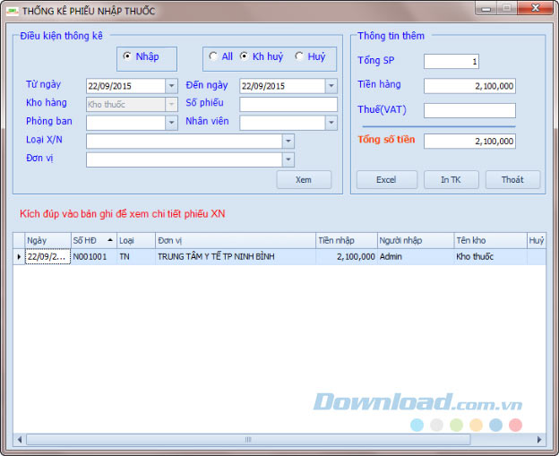 Thống kê phiếu nhập thuốc trong phần mềm TCSoft Medical