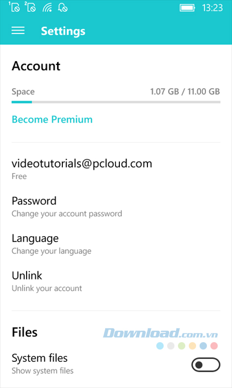 Thiết lập một số tùy chọn trong ứng dụng lưu trữ trực tuyến pCloud cho Windows 10 Mobile