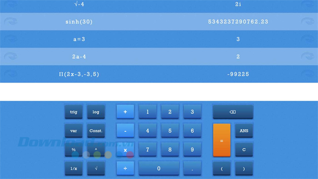 Thực hiện các phép tính đơn giản hoặc phức tạp khi sử dụng ứng dụng tính toán Blu Graphing Calculator cho máy tính