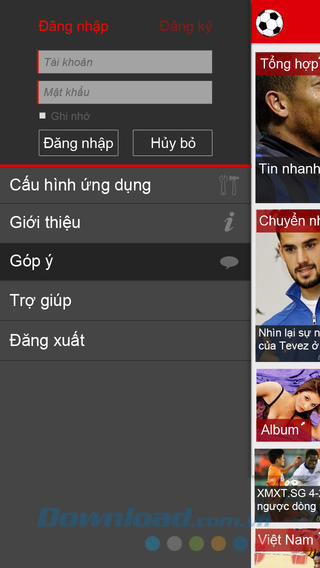 Menu chính của Bongda Plus