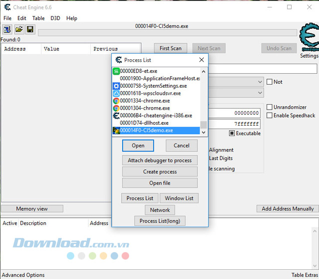 Danh sách xử lý trong phiên bản 6.6 của ứng dụng hỗ trợ chơi game Cheat Engine cho máy tính