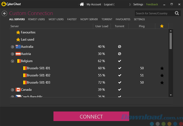 Thiết lập kết nối trong CyberGhost VPN