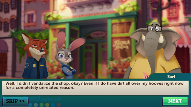 Một đoạn hội thoại trong game Zootopia Crime Files: Hidden Object 