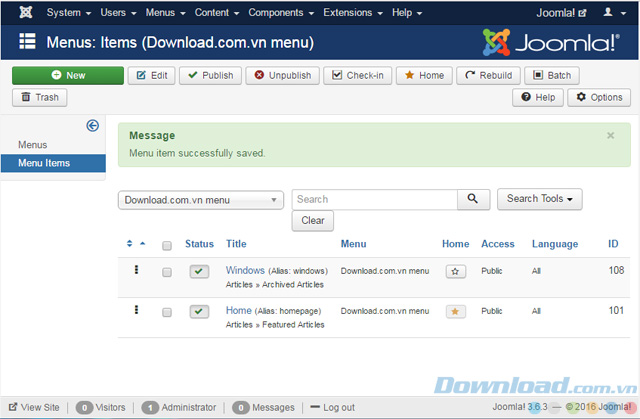Quản lý Menu trong Joomla