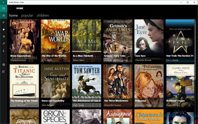 Giao diện của Audio Books cho Windows 10
