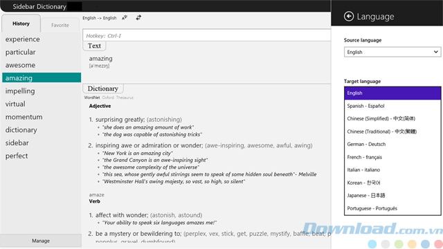 Giao diện của Sidebar Dictionary