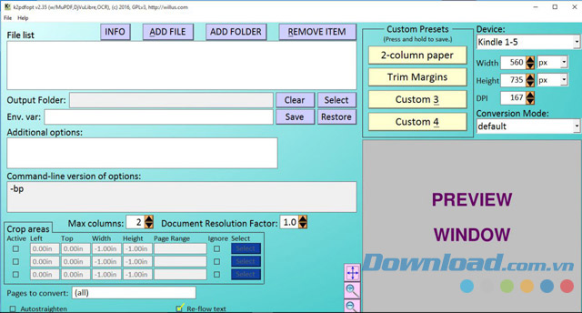Giao diện dòng lệnh của ứng dụng chỉnh sửa tập tin PDF k2pdfopt cho máy tính