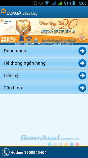 Giao diện chính DongA Internet Banking