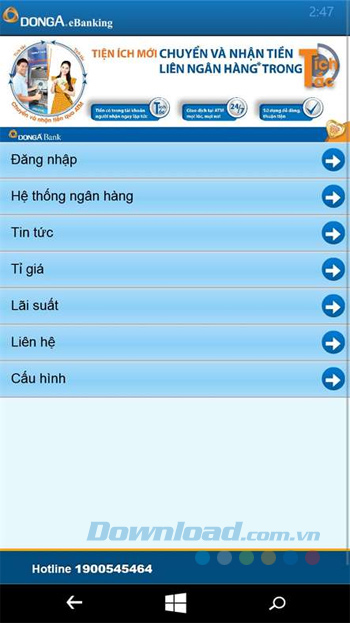 Giao diện chính của DongA Mobile Banking