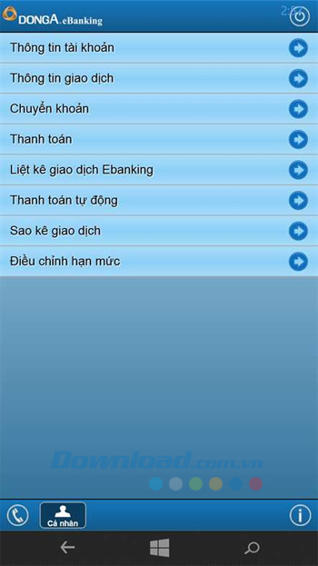 Menu chính của DongA Mobile Banking