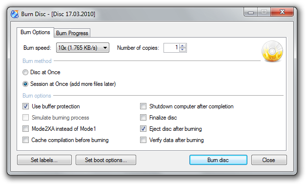 Ghi đĩa miễn phí với tùy chọn Burn Disc