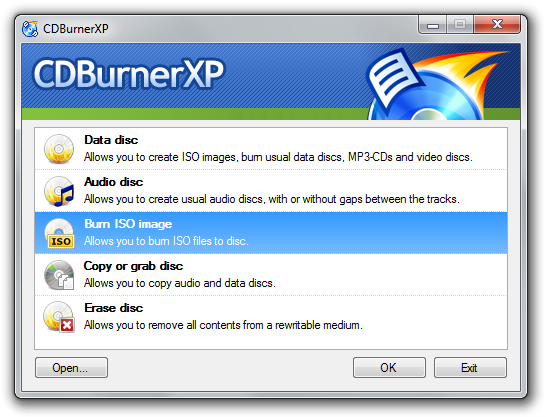 Giao diện chính của ứng dụng ghi đĩa CDBurnerXP