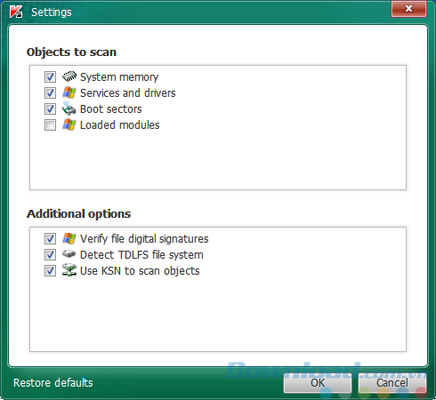 Tùy chọn của Kaspersky TDSSKiller Tùy chọn của Kaspersky TDSSKiller