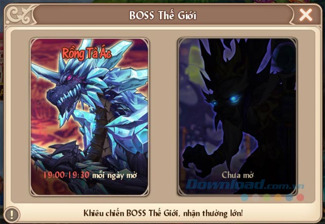 Khiêu chiến Boss Thế Giới để nhận những phần thưởng lớn.