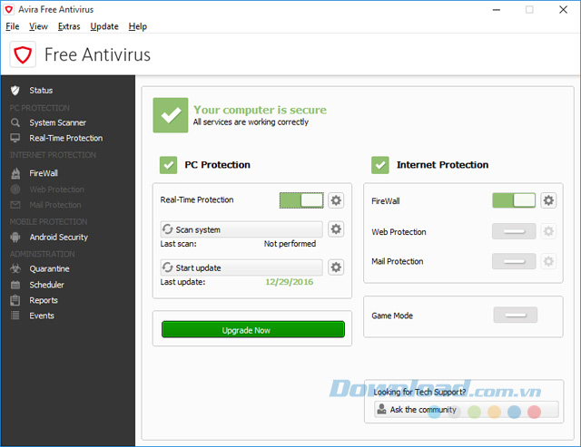 Giao diện Avira Free Antivirus 2017