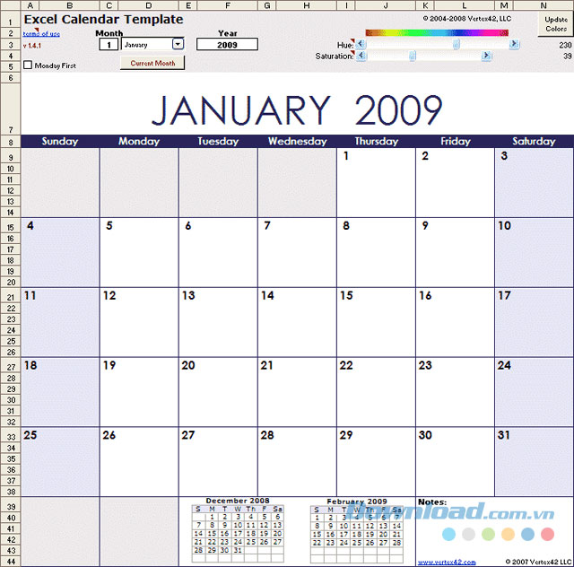 Tùy biến lịch Excel 