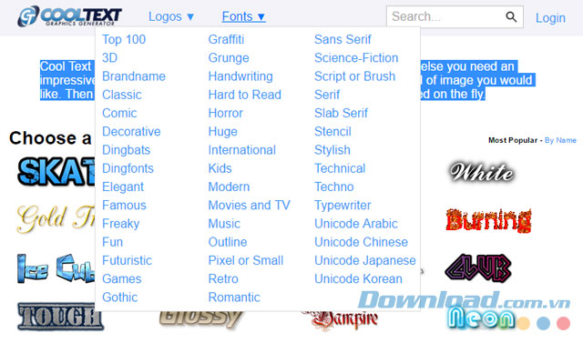 Bộ font chữ đa dạng trên Cool Text