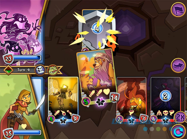 Sử dụng nhiều thẻ bài được thiết kế theo phong cách đồ họa đẹp đẽ trong game miễn phí Spellstone cho máy tính và Mac