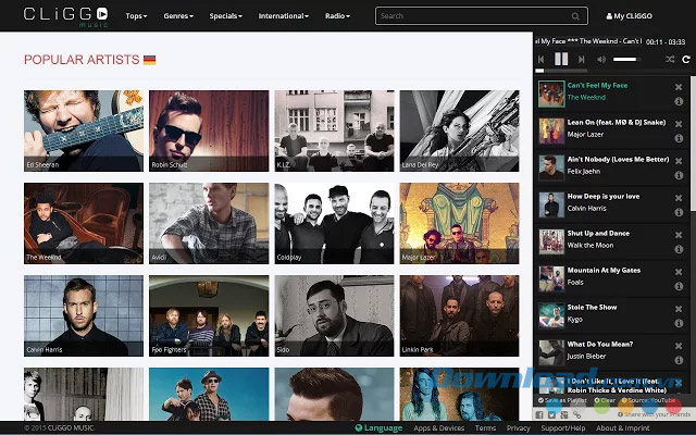 Giao diện chính của ứng dụng web CLiGGO MUSIC
