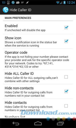 Thiết lập Hide Caller ID