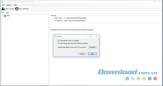Xem phần thiết lập của ứng dụng bảo mật Certify cho máy tính