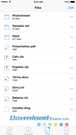 Danh sách file trên hệ thống được Browser and File Manager for Documents cho iOS thống kê